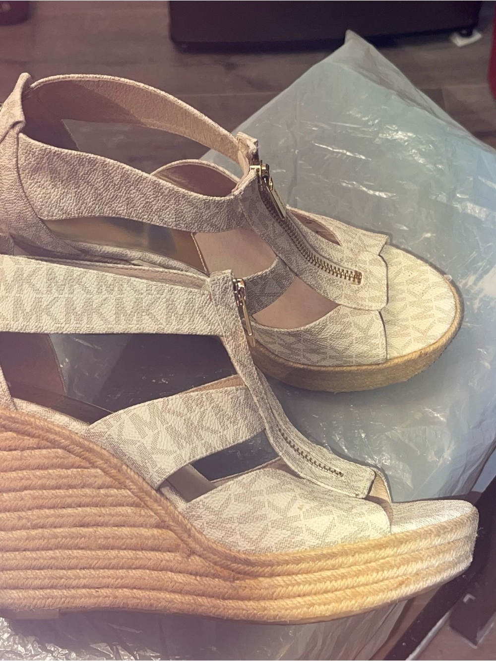 Michael Kors Beige Wedge Espadrille Sandals with Zip Accent